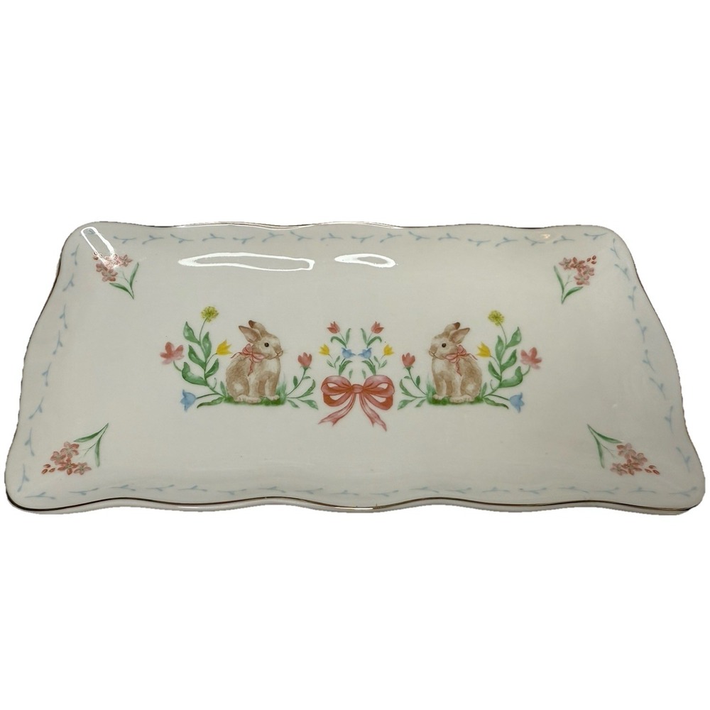 Park Chateau‎ Bunny Floral Ceramic Serving Tray Platter 5x10.5"